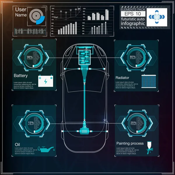 Futuristische Benutzeroberfläche. HUD UI zur Verfügung. Abstrakte virtuelle grafische Benutzeroberfläche. Autos-Infografik. Vektorwissenschaft abstrakt. Vektorillustration. — Stockvektor