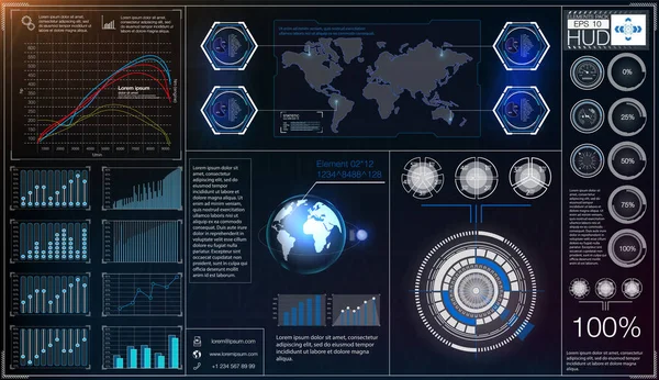 Tło z różnych elementów hud. Elementy HUD, wykres. Ilustracja wektorowa. Wyświetlacz Head-up elementy dla elementów Infografika. — Wektor stockowy