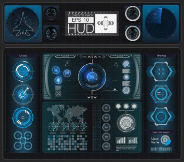 Hud öğeleri, grafikler, görüntüler, analog ve dijital araçlar büyük bir paket, radar ölçekler. Soyut Hud. Fütüristik Sci Fi Modern kullanıcı arabirimi kümesi. 