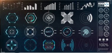 Hud öğeleri, grafikler, görüntüler, analog ve dijital araçlar büyük bir paket, radar ölçekler. Soyut Hud. Fütüristik Sci Fi Modern kullanıcı arabirimi kümesi. 