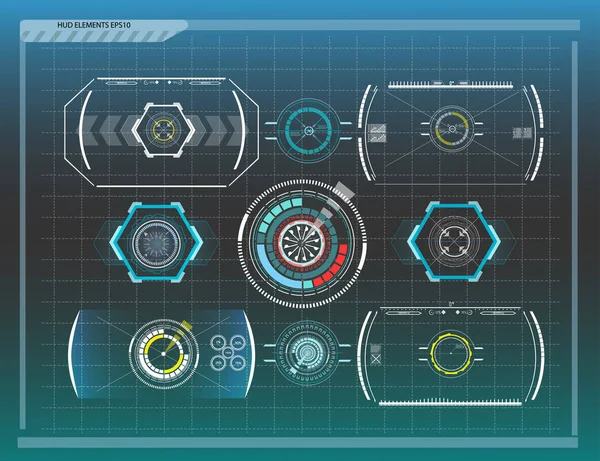 Abstrakter Hintergrund mit verschiedenen Elementen des Hud. Hud-Elemente. Vektorillustration. Head-up-Anzeigeelemente für informationsgrafische Elemente. — Stockvektor