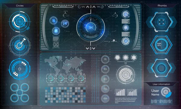 Fond abstrait avec différents éléments du hud. Hud elements, graph.Illustration vectorielle.Éléments d'affichage tête haute pour éléments d'infographie. Ensemble d'interface utilisateur moderne futuriste de science-fiction . — Image vectorielle