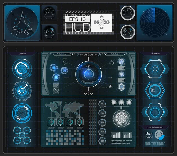 Hud 要素、グラフィック、ディスプレイ、アナログとデジタル楽器の大規模なパッケージは、レーダーをスケーリングします。抽象的な Hud。未来の Sci Fi モダンなユーザー インターフェイス セット. — ストックベクタ