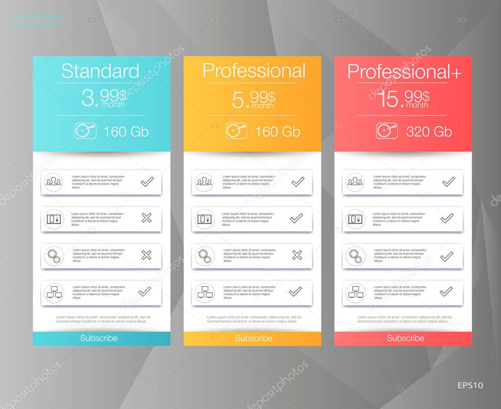 Three tariffs banners. Web pricing table. Vector design for web app. Price list.