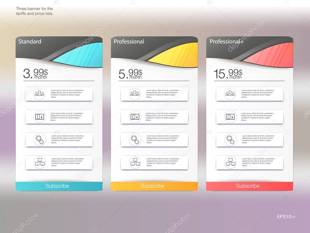 Three tariffs banners. Web pricing table. Vector design for web app. Price list.