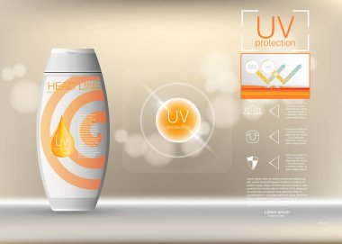 Kozmetik ürün reklam tasarım. Vektör çizim Eps10. Güneş kremi reklamlar şablonu, güneş koruma kozmetik ürünleri krem veya sıvı, bir arka plan ile tasarlayın..