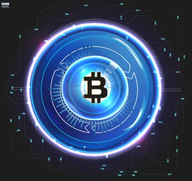 Bitcoin dijital para, fütüristik dijital para, teknoloji dünya çapında ağ kavramı, hud tarzı, vektör çizim