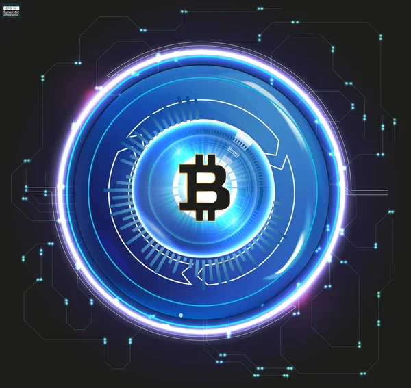 Bitcoin digitale Währung, futuristisches digitales Geld, Technologie weltweites Netzwerkkonzept, hud style, Vektorillustration — Stockvektor