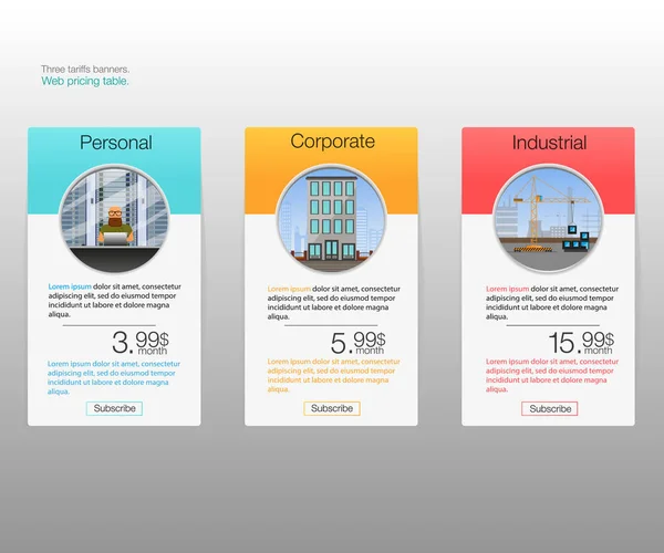 Drie tarieven banners. Web prijzen tabel. Vector ontwerp voor web app. Price list. — Stockvector