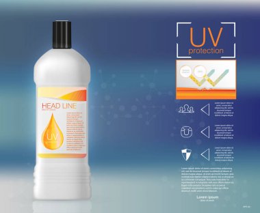Kozmetik ürün reklam tasarım. Vektör çizim Eps10. Güneş kremi reklamlar şablonu, güneş koruma kozmetik ürünleri krem veya sıvı, bir arka plan ile tasarlayın..