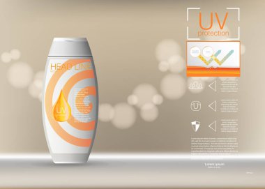 Kozmetik ürün reklam tasarım. Vektör çizim Eps10. Güneş kremi reklamlar şablonu, güneş koruma kozmetik ürünleri krem veya sıvı, bir arka plan ile tasarlayın..