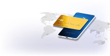 Küresel finans sistemine sahip Isometric dünya haritası. Dünyanın her yerine para transferi. Çevrimiçi para transferi konsepti. İşadamı dünyanın herhangi bir yerine mobil bir uygulama üzerinden para transfer ediyor..
