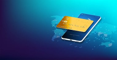 Küresel finans sistemine sahip Isometric dünya haritası. Dünyanın her yerine para transferi. Çevrimiçi para transferi konsepti. İşadamı dünyanın herhangi bir yerine mobil bir uygulama üzerinden para transfer ediyor..