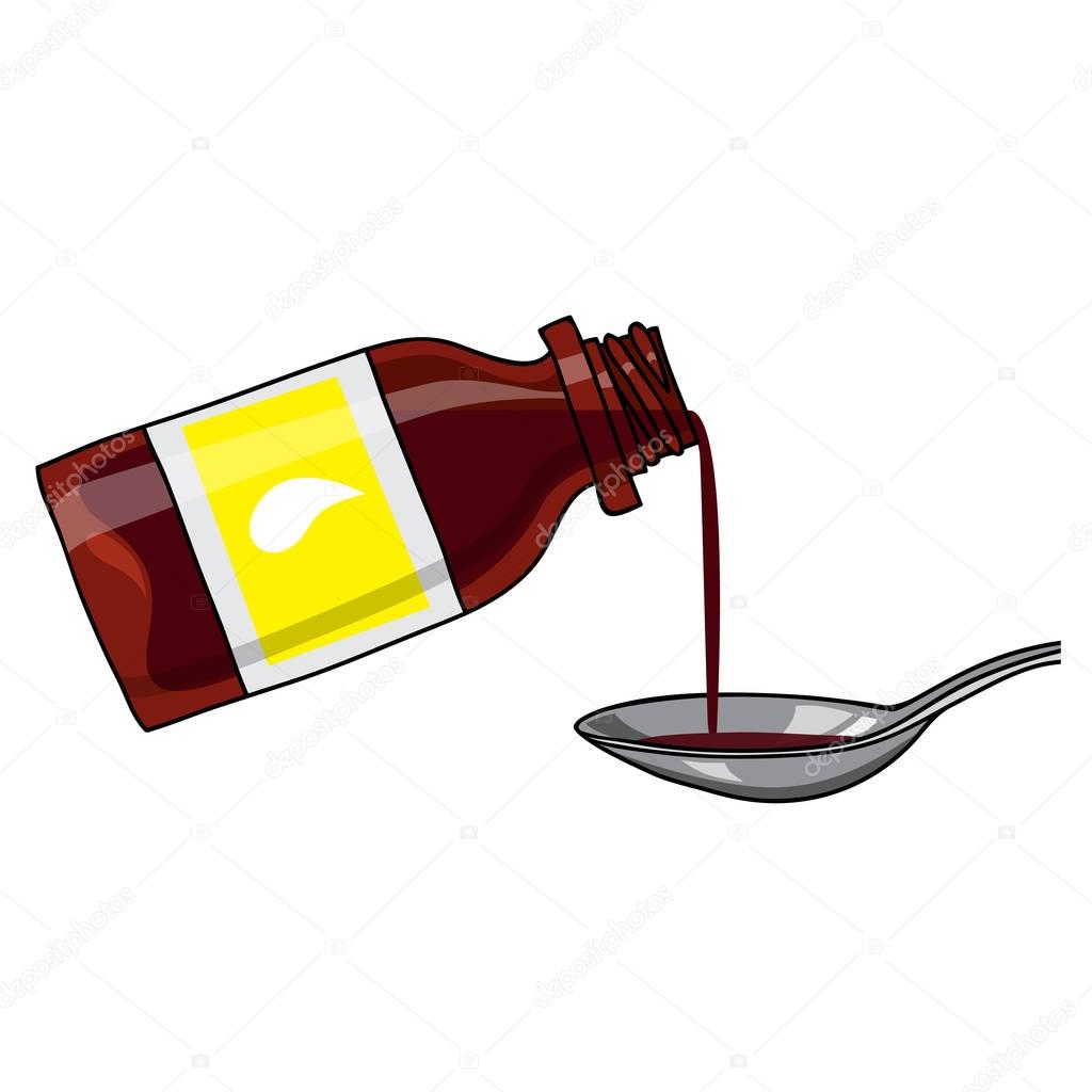Vector medicated syrup, cough syrup / brown color bottle with liquid and a spoon.  