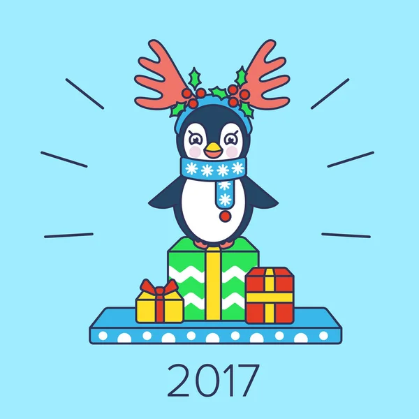 Cartão de Natal com um pinguim e presentes —  Vetores de Stock