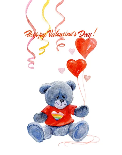 Aquarela Dia dos Namorados cartão gay com urso e corações — Fotografia de Stock