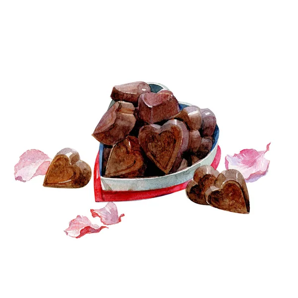 Watercolor Dia dos Namorados cartão de chocolate corações doces isolados — Fotografia de Stock