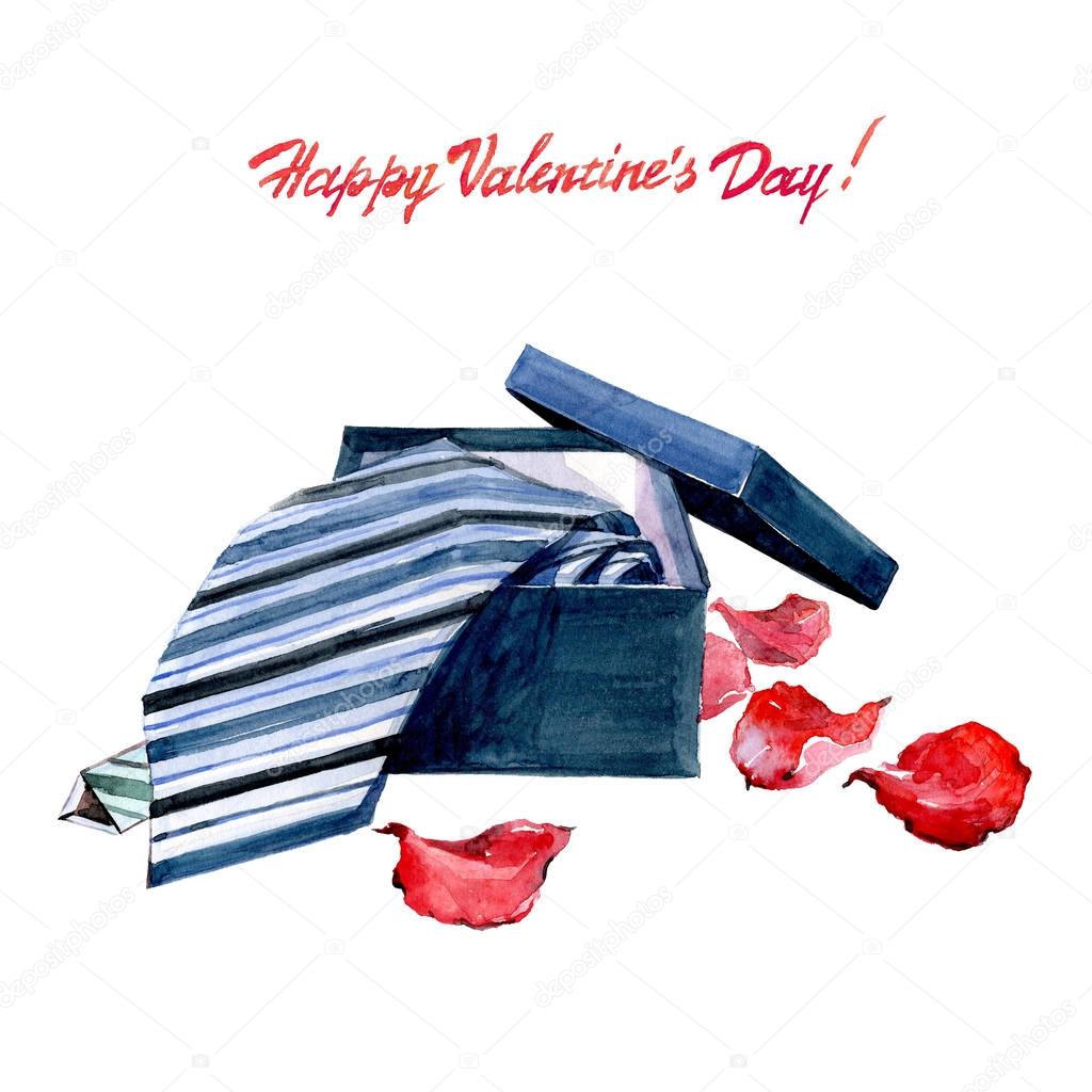 Watercolor Valentine's Day card striped tie with rose petals