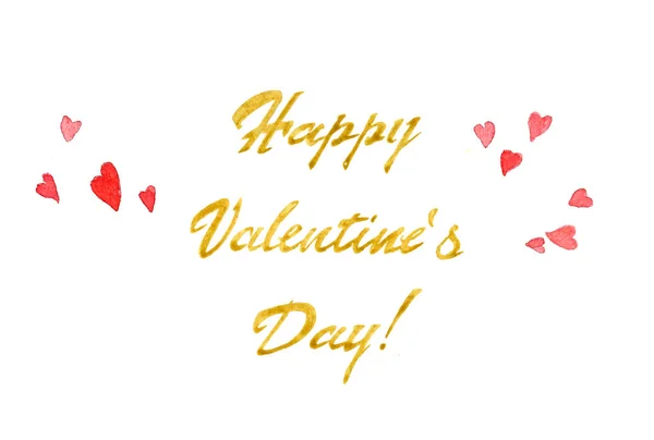 Dia dos Namorados aquarela com corações de rosa e inscrições douradas — Fotografia de Stock