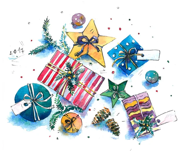 Akvarell karácsonyi ajándékokat a dobozok — Stock Fotó