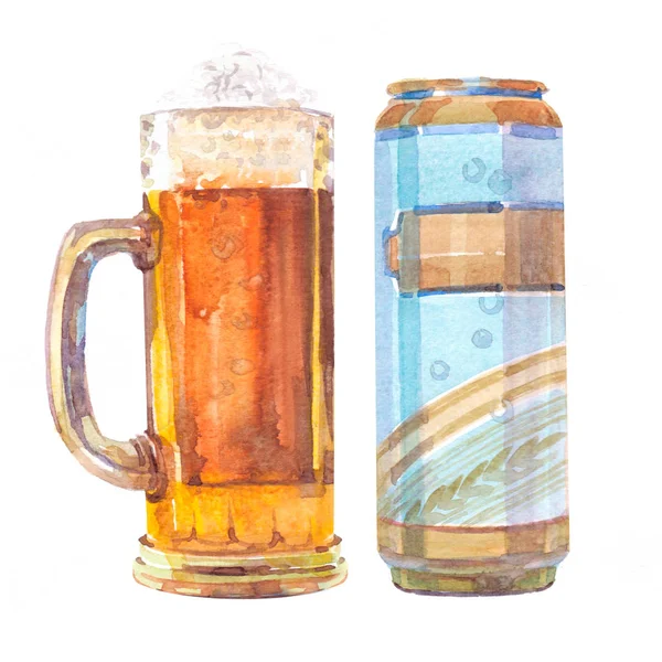 Akvarell realistiska ölglas och en burk öl — Stockfoto