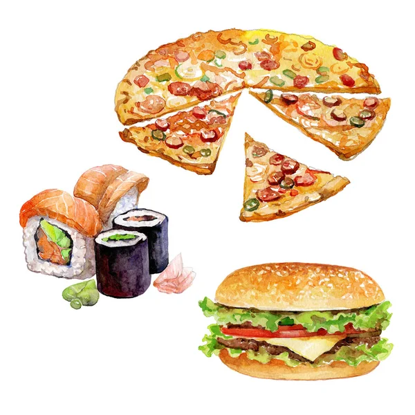 Set di fast-food acquerello con hamburger, sushi, pezzi di pizza — Foto Stock