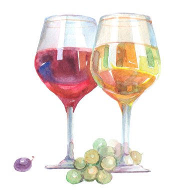 Beyaz ve kırmızı şarap içinde izole suluboya şarap bardakları 
