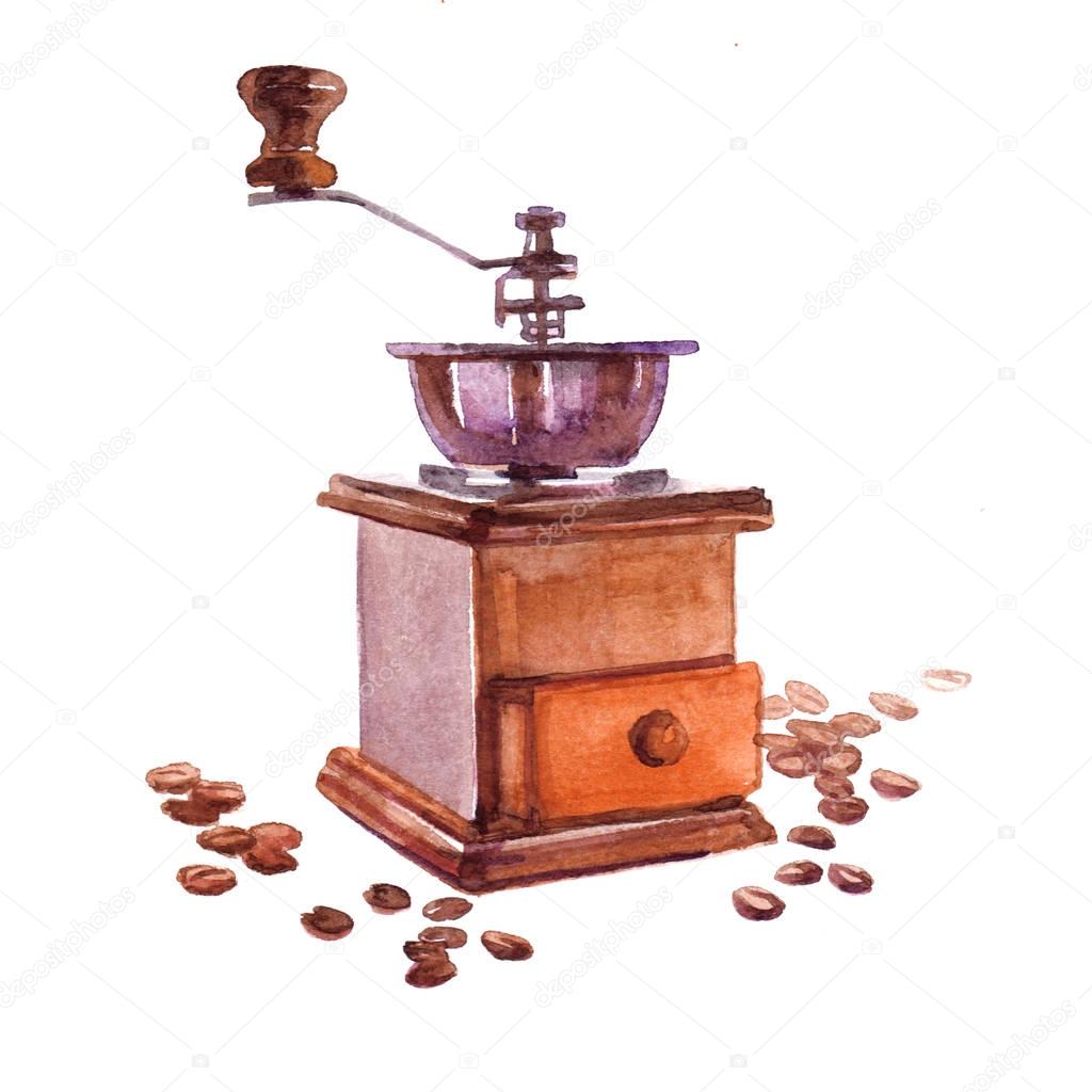 Watercolor coffee beans with coffee hand mill isolated 