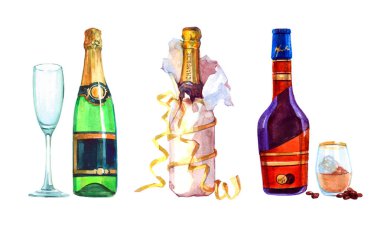 Watercolor realistic Bottle of liquor and a bottle of champagne and glass isolated clipart