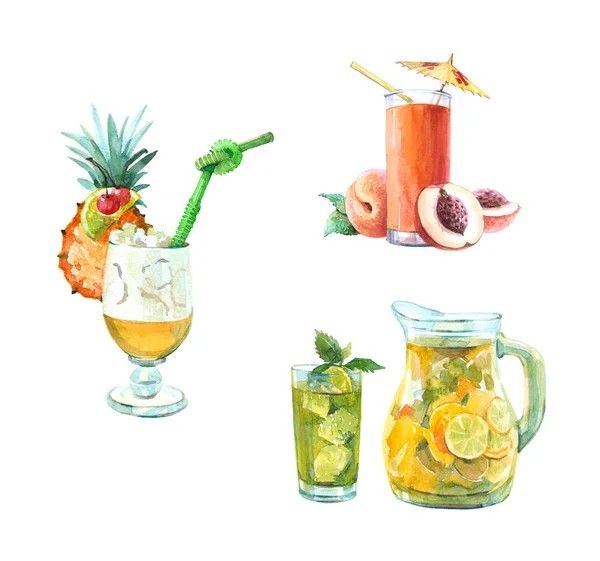 Coquetel de gelo de pêssego aquarela, coquetel de gelo de abacaxi, jarro de limonada, isolado — Fotografia de Stock