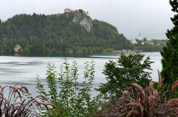 Ausgeblutete Burg auf einer Klippe mit Blick auf den See gebaut blutete, Standort — Stockfoto