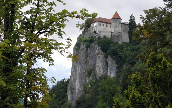 Castelo de Bled construído no topo de um penhasco com vista para o lago Bled, locat — Fotografia de Stock