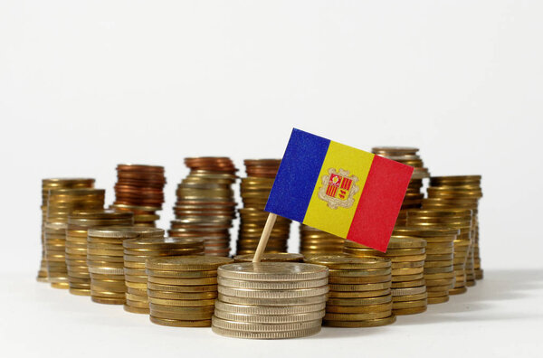 Andorra flag waving with stack of money coins