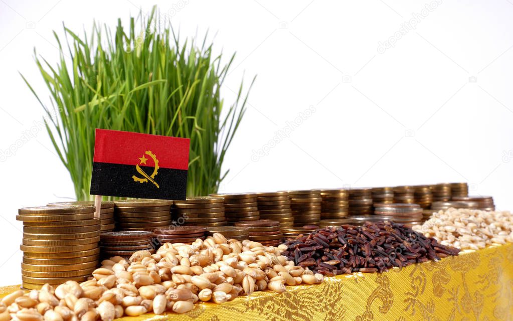Angola flag waving with stack of money coins and piles of wheat 