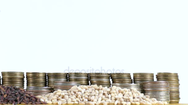 Bandera albanesa ondeando con un montón de monedas de dinero y montones de semillas de trigo y arroz — Vídeos de Stock