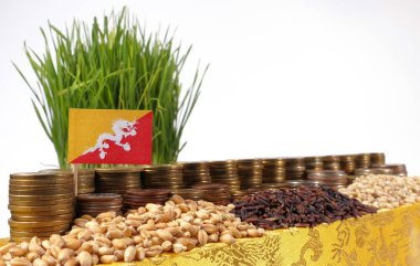 Para sikke ve buğday yığınları yığını ile sallayarak Bhutan bayrağı 
