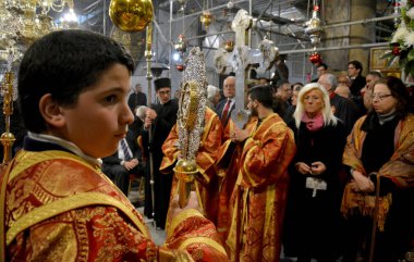Bethlehem, Palestine. 7th Ocak 2017: Ortodoks Noel Midnight Mass Bethlehem doğuş Kilisesi