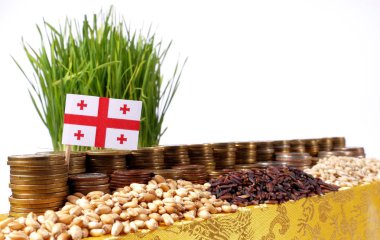 Georgia bayrak sallayarak para sikke ve buğday yığınları yığını ile