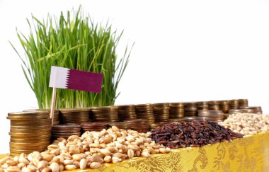 Katar bayrak sallayarak para sikke ve buğday yığınları yığını ile