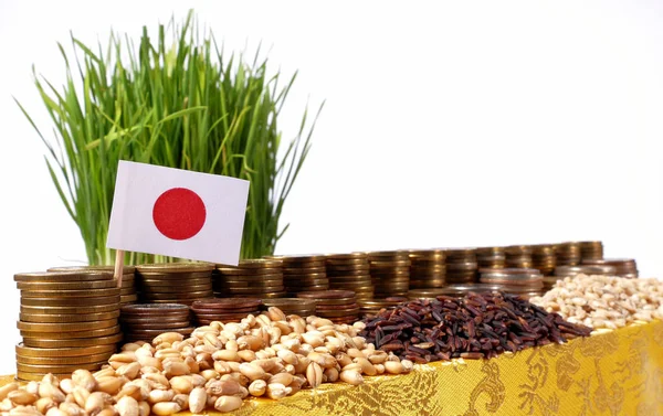 Ιαπωνία σημαία κυματίζει με στοίβα νομίσματα χρήματα και σωρούς από σιτάρι — Φωτογραφία Αρχείου