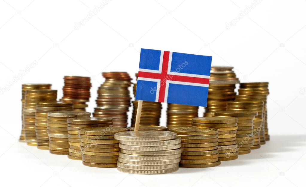 Iceland flag waving with stack of money coins