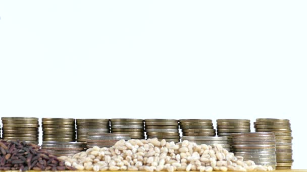 Bandera de Bulgaria ondeando con pila de monedas de dinero y montones de semillas de trigo y arroz — Vídeo de stock
