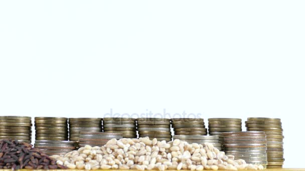 Bandera de Chile ondeando con pila de monedas de dinero y montones de semillas de trigo y arroz — Vídeos de Stock
