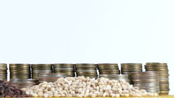 Bandeira do Iêmen acenando com pilha de moedas de dinheiro e pilhas de sementes de trigo e arroz — Vídeo de Stock