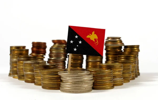 Παπούα Νέα Γουινέα σημαία κυματίζει με στοίβα των χρημάτων νομισμάτων — Φωτογραφία Αρχείου