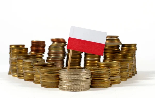 Drapeau de Pologne agitant avec pile de pièces d'argent — Photo