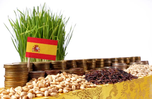Drapeau d'Espagne agitant avec pile de pièces de monnaie et piles de blé — Photo