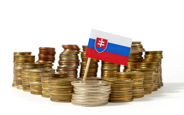 Slovakien flagga vajande med bunt pengar mynt — Stockfoto