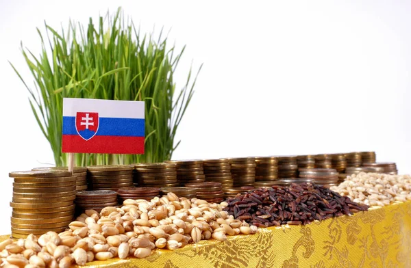 Slovakien flagga vajande med bunt pengar mynt och högar av vete — Stockfoto