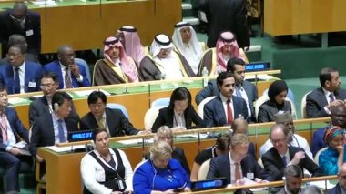 New York, ABD - 20th Eylül 2016: 71 oturumu New York'ta Birleşmiş Milletler Genel Kurulu, konferans salonu genel bakış. Gaun, Suudi Arabistan temsilci seçme